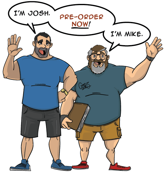 Mike and Josh smiling in a fantasy-inspired hero pose with hover highlight